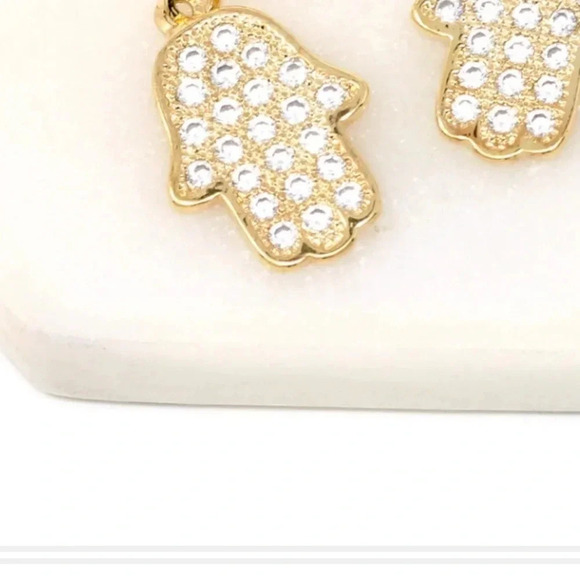 14K Solid Gold  Belly Ring Hoop with pave stone CZ stones Dangling Hamsa Charm - Picture 5 of 13